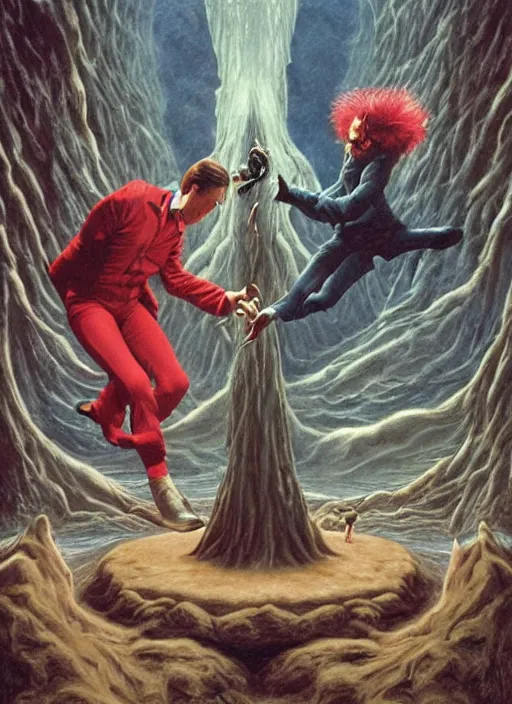 Image similar to twin peaks poster art, david bowie fighting his doppelganger gemini good and evil fantasy by, wayne barlowe, old retro pulp, by michael whelan, rossetti bouguereau, artgerm, nostalgic, old fashioned