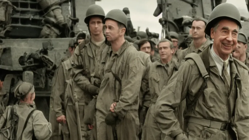 Prompt: still image of mr rogers on saving private ryan, cinematic, anamorphic, dramatic, 4 0 mm f / 2. 8