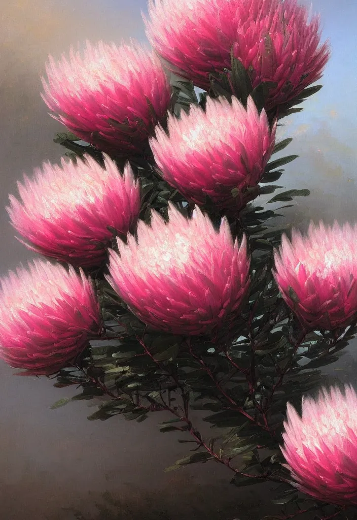 Image similar to detailed pink and white proteas against a black backdrop by ivan aivazovsky, detailed brush strokes, oil painting, artstation