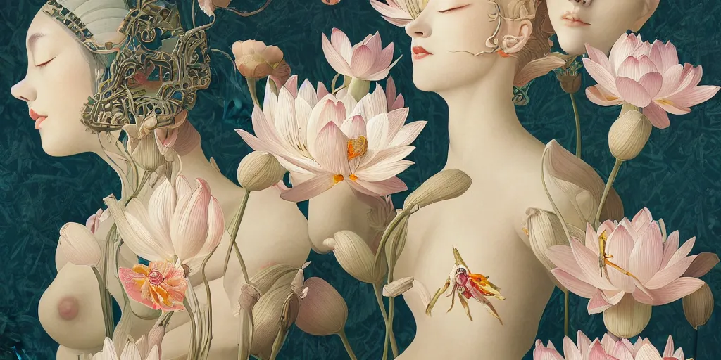 Image similar to breathtaking detailed concept art painting art deco pattern of blonde faces goddesses amalmation lotus flowers with anxious piercing eyes and blend of flowers and birds, by hsiao - ron cheng and john james audubon, bizarre compositions, exquisite detail, extremely moody lighting, 8 k