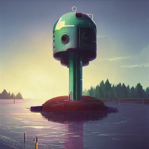 Image similar to ” futuristic flott surrounded by water, by simon stalenhag ”