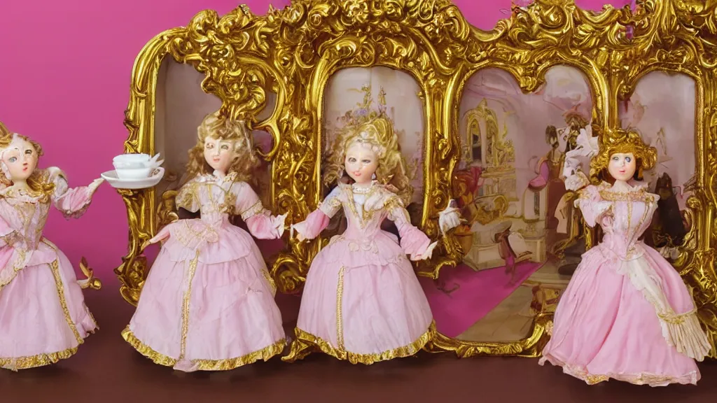 Prompt: a large fantastic palace with checkerboard floors and pink sky at sunset with swirling marshmallow clouds inside gold palace , two cute women ,symmetrical faces, white sclera, smooth cheeks, doll head, full body character, wearing victorian dresses that look like ornate porcelain and gold teacups, playing jumprope, in the style of Nataly Abramovich, Kukula , Mark Ryden, Alice in Wonderland