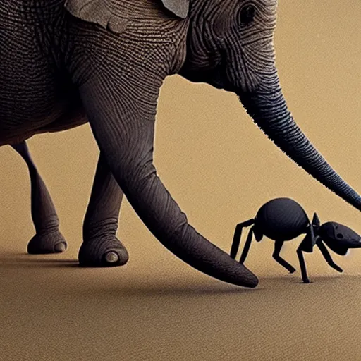 Prompt: a giant ant fighting a small elephant