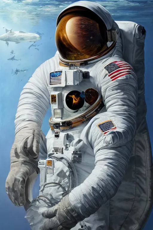 Image similar to astronaut suit in the shape of a whale, oil on canvas, intricate, 8 k highly professionally detailed, hdr, cgsociety