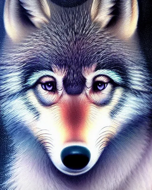 Image similar to realistic paining of a baby wolf, psychedelic, dark art, facing camera, photo realistic, detailed, 1 4 5 0, delicate, hyper realism, ultra realistic, 8 k