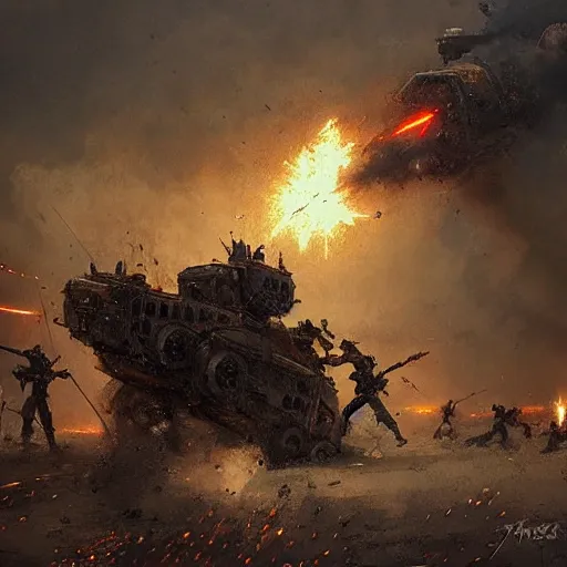 Image similar to gitantic steampunk war machine, war scene, explosions, jakub rozalski