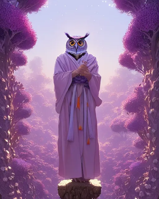 Prompt: anthropomorphic art of an owl king, in a lilac royal robe, by artgerm, victo ngai, ryohei hase, artstation, highly detailed digital painting, smooth, global illumination, fantasy art by greg rutkowsky, karl spitzweg, leyendecker