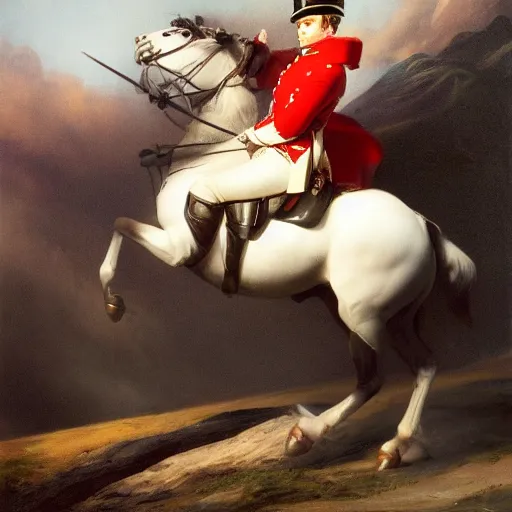 Prompt: Napoleon Bonaparte riding to battle on his electric scooter by Jeremy Lipkin and Giuseppe Dangelico Pino, oil on canvas, epic pose, cinematic, poster, 8k