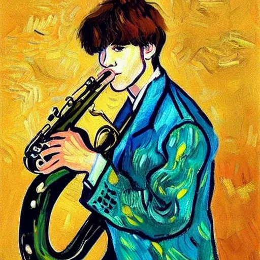 Prompt: taehyung wearing stylish clothes and playing saxophone, painting by van gogh