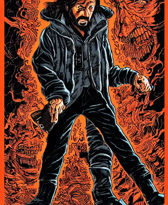 Prompt: illustration of MacReady from The Thing (1982), Junji Ito poster art, Dan Mumford style, detailed