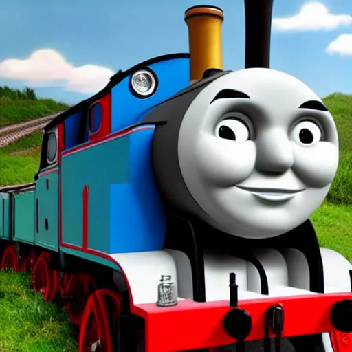 Image similar to Thomas the tank engine with extremely detailed muscular legs instead of wheels, realistic photography, 8k, studio lighting