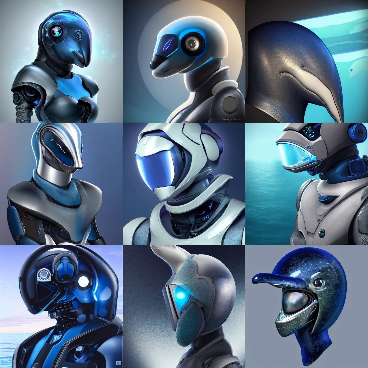 Prompt: very very beautiful furry art, bust profile picture of a male robotic anthro dolphin, synthetic cetacean hybrid android, face covered by opaque visor, bottlenose snout under visor, sleek round shapes, all dark blue metal, integrated design, commission on furaffinity, cgsociety, octane render, sea in background