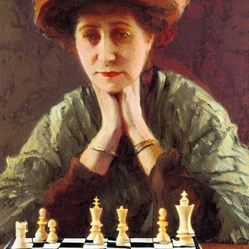 Prompt: An Edwardian woman playing chess, in the style of Ilya Repin