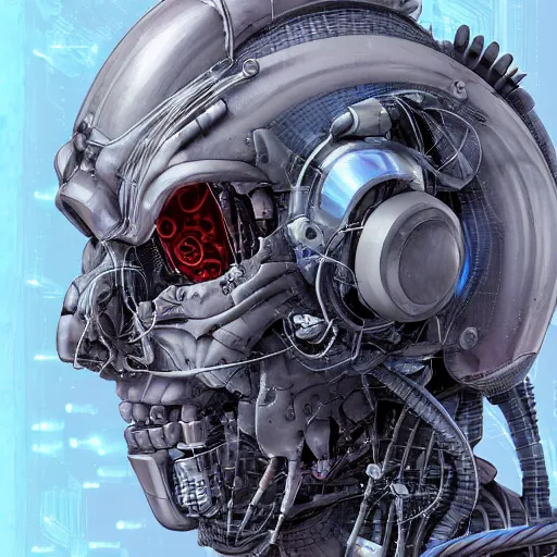 Prompt: Male cyborg, battle-damaged, scarred, wearing facemask, youthful face, bored expression, blue eyes, sterile background, head in profile, sci-fi, bio-mechanical, wires, cables, gadgets, Digital art, detailed, anime, artist Katsuhiro Otomo