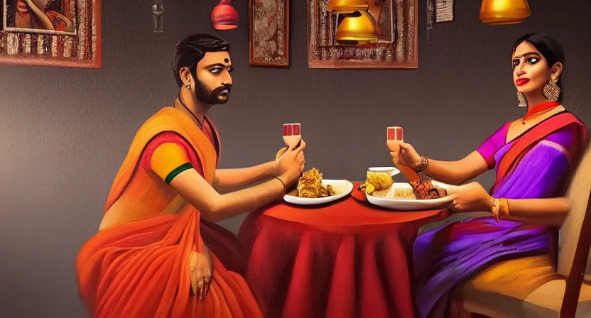 Image similar to a guy and girl on a date in a restaurant, saree, desi, art by salman toor. faithfully depicted facial expression, perfect anatomy, sharp focus, global illumination, radiant light, detailed and intricate environment, trending on artstation