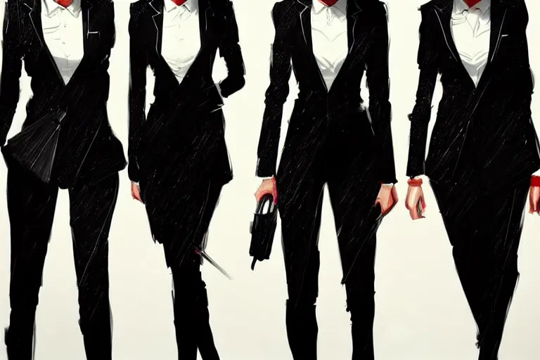 Image similar to a ultradetailed painting of three women in black suits with ties, by conrad roset, greg rutkowski and makoto shinkai trending on artstation