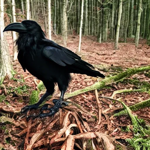 Prompt: humanoid crow, werecreature, photograph captured in a forest