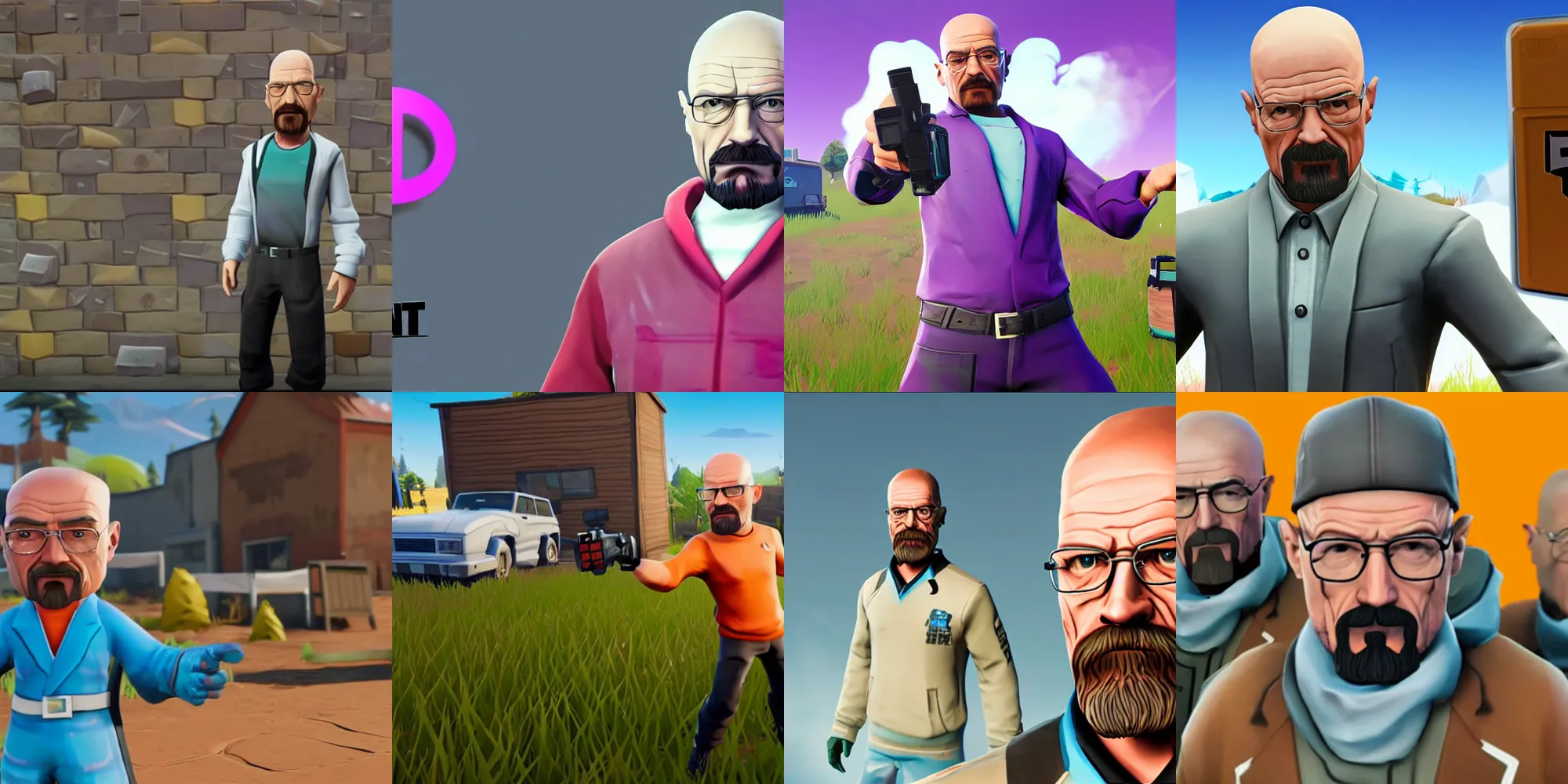 Prompt: Walter White as a Fortnite skin doing the default dance, videogame character, full hd