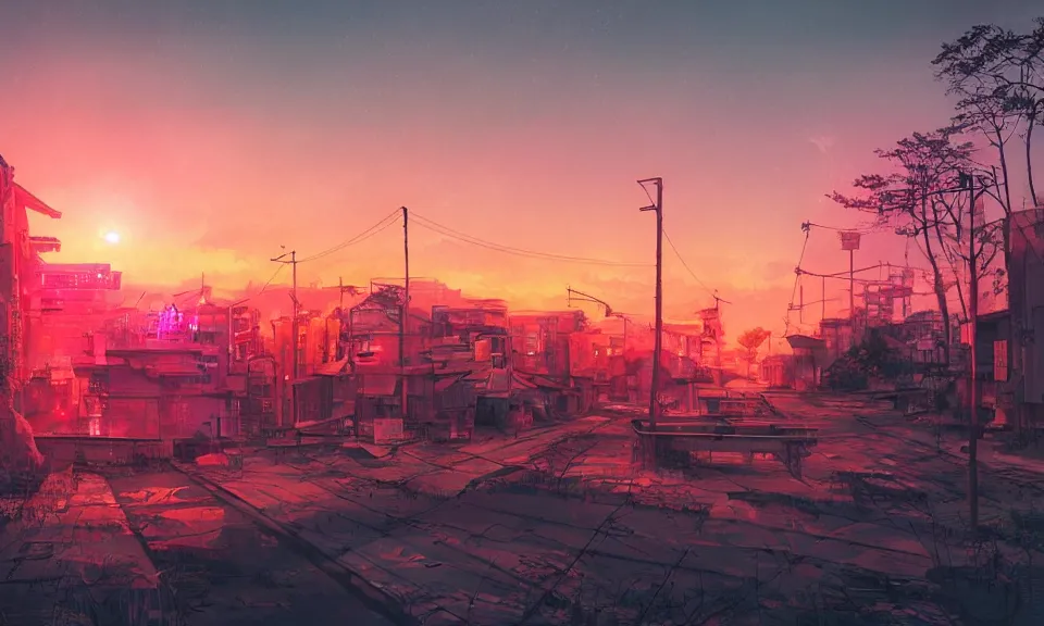 Image similar to a colorful glowing abandoned japanese city, sunset, moist, pastel, artstation, digital art.