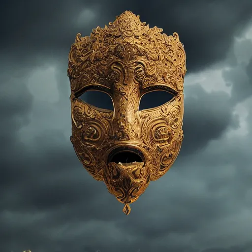 Image similar to an elaborate intricate mask surrounded by storm clouds, rendered in octane, behance hd, bokeh backdrop