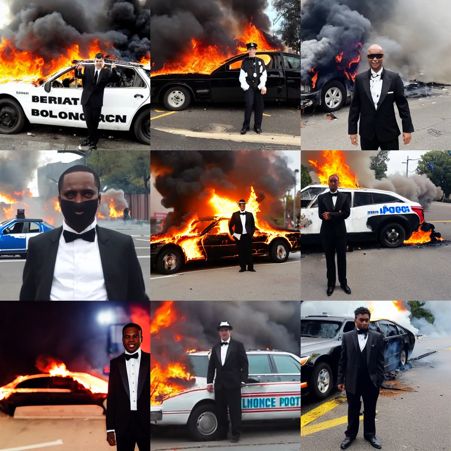 Prompt: man dressed in a tuxedo posing in front of a burning cop car during the 2020 riots, photo