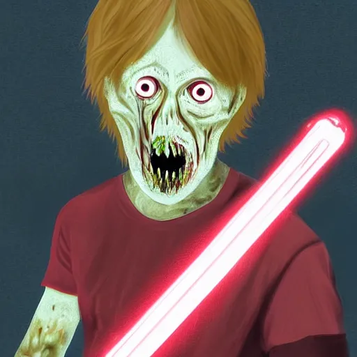 Prompt: Mark Hamil as a zombie holding a red light sabre, digital art