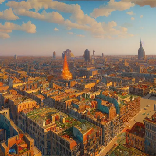 Prompt: a city made of food, painted by rene magritte and donato giancola and greg rutkowski, digital painting, 4 k