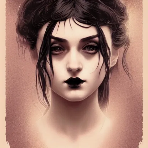 Image similar to a vector illustration of a sad goth girl with tattoo, intricate, elegant, highly detailed, digital painting, artstation, smooth, sharp focus, vector illustration, art by artgerm and greg rutkowski and alphonse mucha and william - adolphe bouguereau