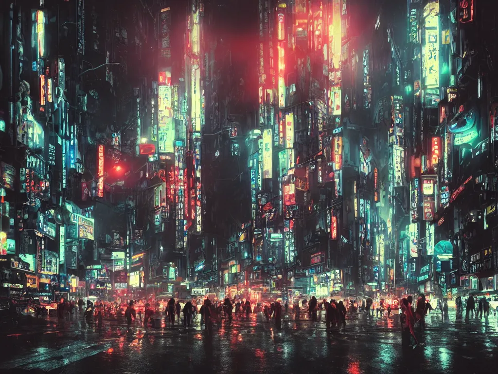 Image similar to a photorealistic hyperrealistic sci - fi rendering of gigantic tall highly detailed alien biomechanical tripods in a crowded tokyo, shinjuku street crossing at night, beautiful dramatic moody lighting, bladerunner, bright colorful neon signage, wet streets, reflections by greg rutkowski, james paick, wlop, volumetric lighting, cinematic atmosphere, artstation, 8 k