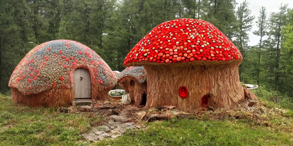 Prompt: cozy residence made from an enormous amantia muscaria toadstool