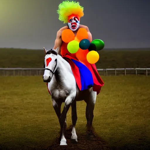 Prompt: a man on a horse wearing a clown suit. photorealistic 4k