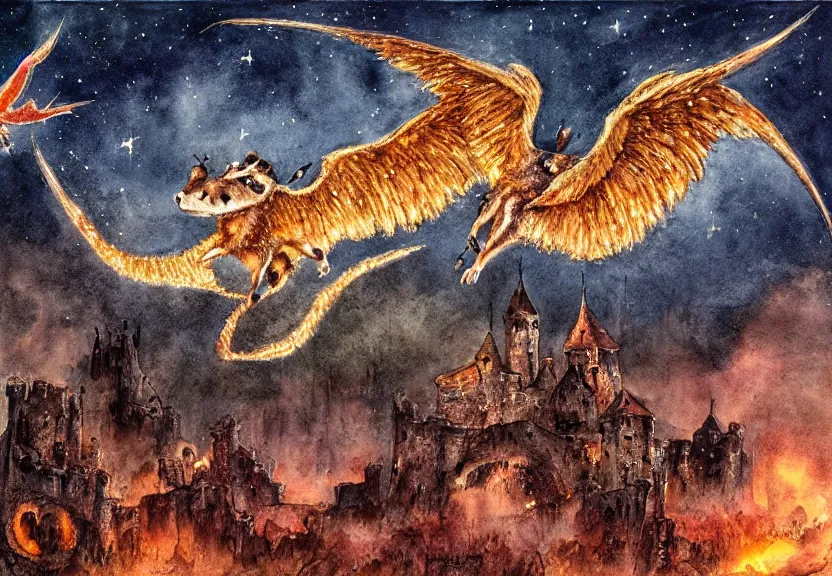 Image similar to legendary fire winged possum flying over a medieval forest castle at night under the dark starred sky, dark fantasy, watercolor, dreaming illusion, highly detailed, 4k, trending on Artstation