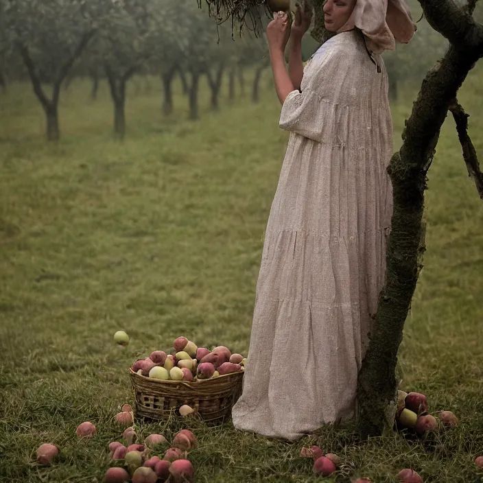 Image similar to a closeup portrait of a woman wearing a dress made of sponges and human hair, picking apples from a tree in an orchard, foggy, moody, photograph, by vincent desiderio, canon eos c 3 0 0, ƒ 1. 8, 3 5 mm, 8 k, medium - format print