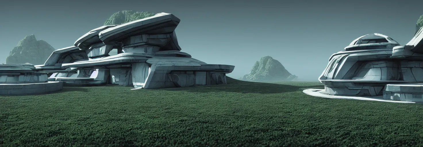 Image similar to a large futuristic house in the middle of a fractal landscape : octane render : unreal engine : 3 d fractal : digital 3 d : concept art : fractal : procedural : landscape