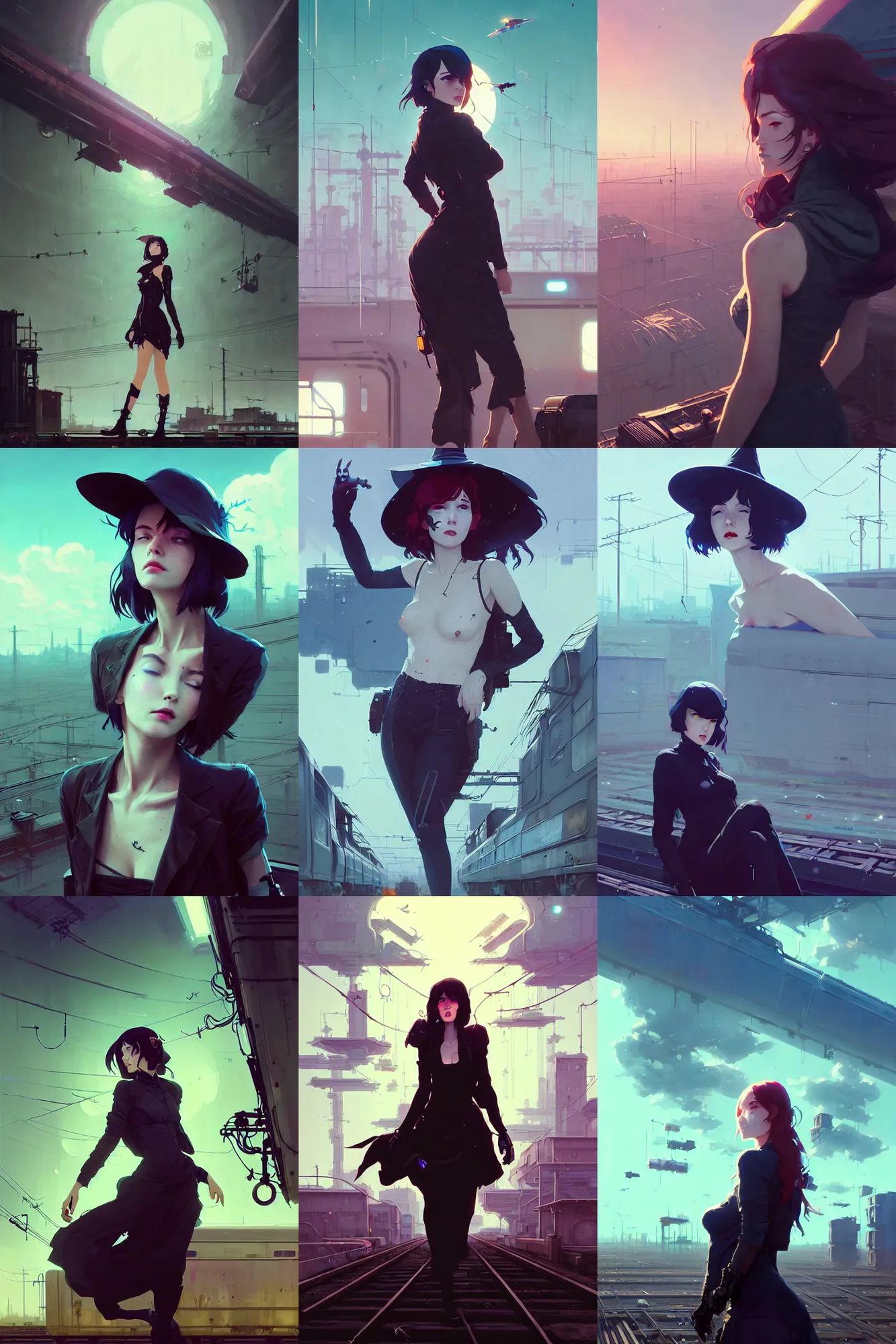 Prompt: hyper - realistic portrait of a beautiful alluring cyberpunk witch floating in the sky over an abandoned train yard, in style of atey ghailan, by greg rutkowski, by greg tocchini, by makoto shinkai, by studio ghibliin, by james gilleard, by joe fenton, by kaethe butcher, dynamic lighting, grunge aesthetic