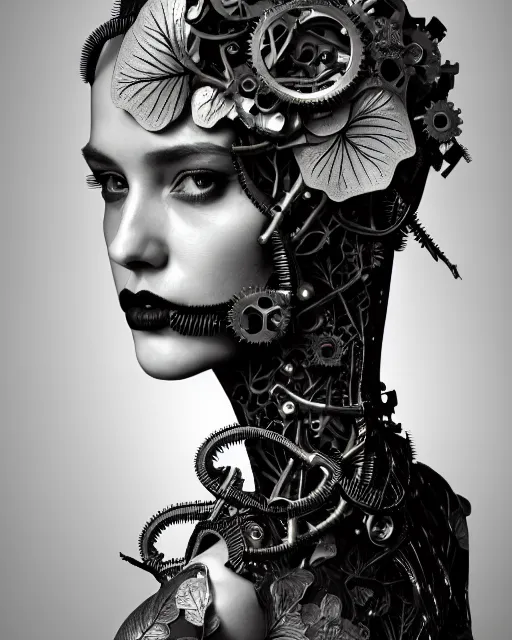 Image similar to monochrome profile portrait painting, silver lace floral steampunk biomechanical beautiful young female cyborg with techno eye, volumetric light, leaves foliage and stems, hibiscus flowers, sinuous fine roots, fine foliage lace, alexander mcqueen, rim light, big gothic fashion pearl embroidered collar, octane render, dutch masters, 8 k