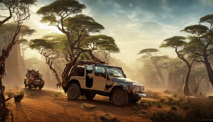 Image similar to mahindra thar driving through madagascar with baobabs trees, tribe members chasing for an attach, action scene, an epic fantasy, artgerm and greg rutkowski and alphonse mucha, an epic fantasy, volumetric light, detailed, establishing shot, an epic fantasy, trending on art station, octane render, midsommar