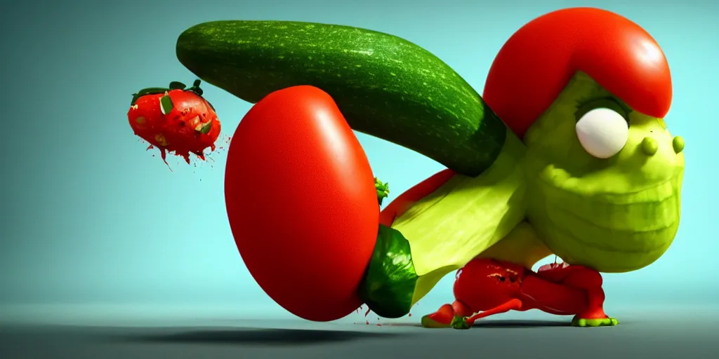 Prompt: detailed 3 d render of a furious zucchini character chasing down a frantic tomato, concept, high speed action, martial arts, explosions, bloody knife, dramatic scene, hyper realistic octane render, cinematic lighting, deviantart, pop - surrealism, lowbrow, frame from independent pixar movie