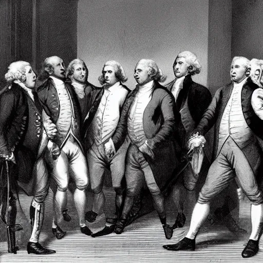 Image similar to The founding fathers of America arresting Donald Trump for treason