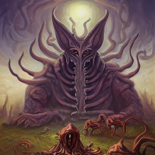 Image similar to a village built on the god of nyarlathotep, toad - like creatures that seemed to change their shape and appearance constantly, and from which emanated, in some way that i am unable to distinguish, a horrible hooting, a kind of flute. oil painting, digital art, ultradetailed, artstation