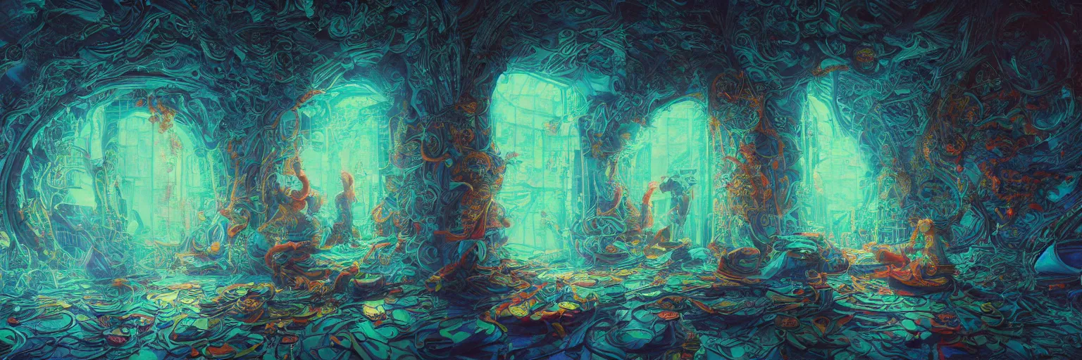 Image similar to A beautiful render of a pastiche, floating among stars, influenced by Yoshitaka Amano and ilya repin and ted nasmith, mysterious, glowing neon blue teal red green colors in the walls of portal, insanely detailed and intricate, octane render, volumetric lighting, high contrast, ultraviolet and neon colors, trending on Artstation, 4K