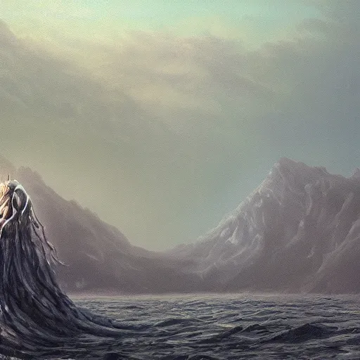 Image similar to slime monster in the lake, matte painting, detailed, elden ring, oil on canvas