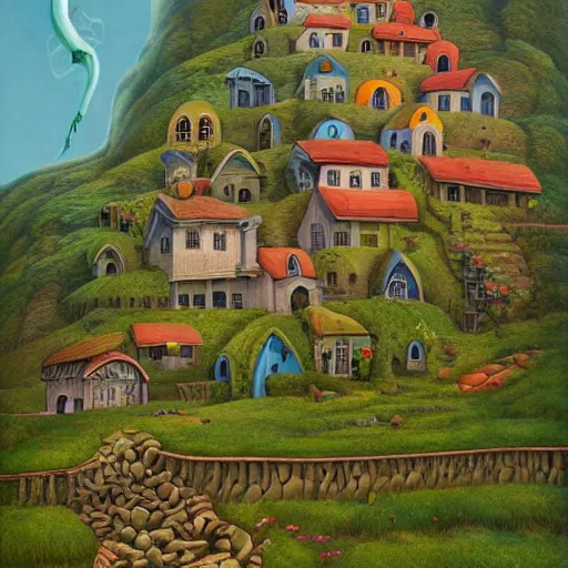 Image similar to a painting of a house on a hill, a detailed matte painting by Jacek Yerka, cg society contest winner, naive art, storybook illustration, 2d game art, matte background