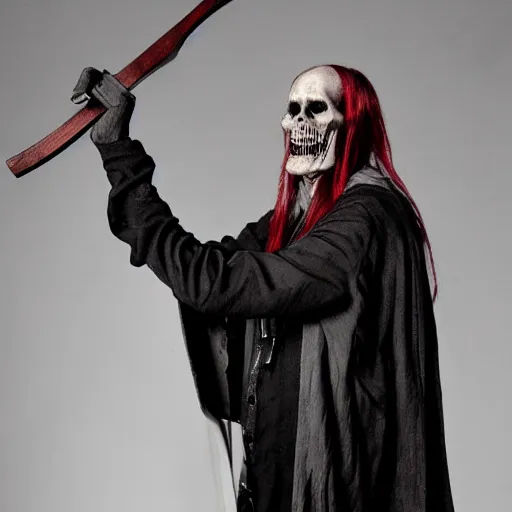 Image similar to bill moseley stealing the grim reaper's weapon, realistic horrors