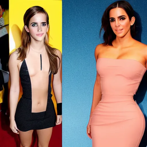 Image similar to emma watson mixed with kim kardashian, single full - figure profile