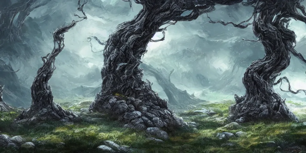 Prompt: bent moaning windswept trees growing on rocks, high quality fantasy art, 4k