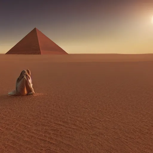 Image similar to an ancient being waking up at a pyramind, desert, award winning, 4 k, oscar award, fantasy, amazing, good, hd, high quality details