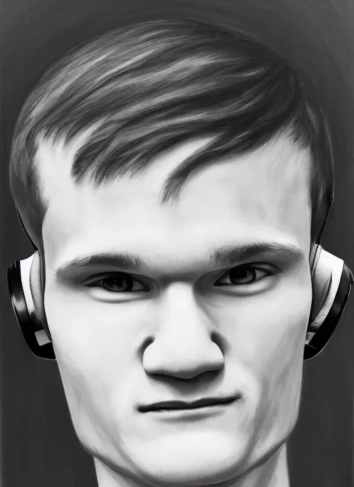 Image similar to vitalik buterin in headphones. vitalik buterin, medium shot, perfect symmetric face, coherent eyes, cute happy face, fine details., very sharp, 4 k, hans zatska, oil paint