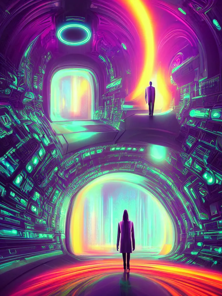 Image similar to symmetrical entrance to mainframe ethereal realm, ai sentient, octane render, symmetrical composition, dreamy colorful cyberpunk colors, 6 point perspective, fantasy landscape with anthropomorphic terrain in the styles of igor morski, jim warren and rob gonsalves, intricate, hyperrealistic, volumetric lighting, neon ambiance, distinct horizon