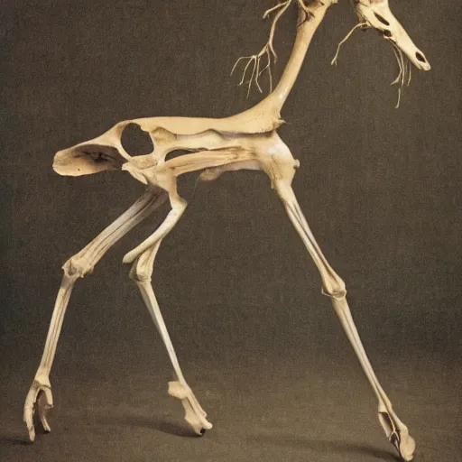 Prompt: a slender bipedal creature with a deer skull for a head and antlers